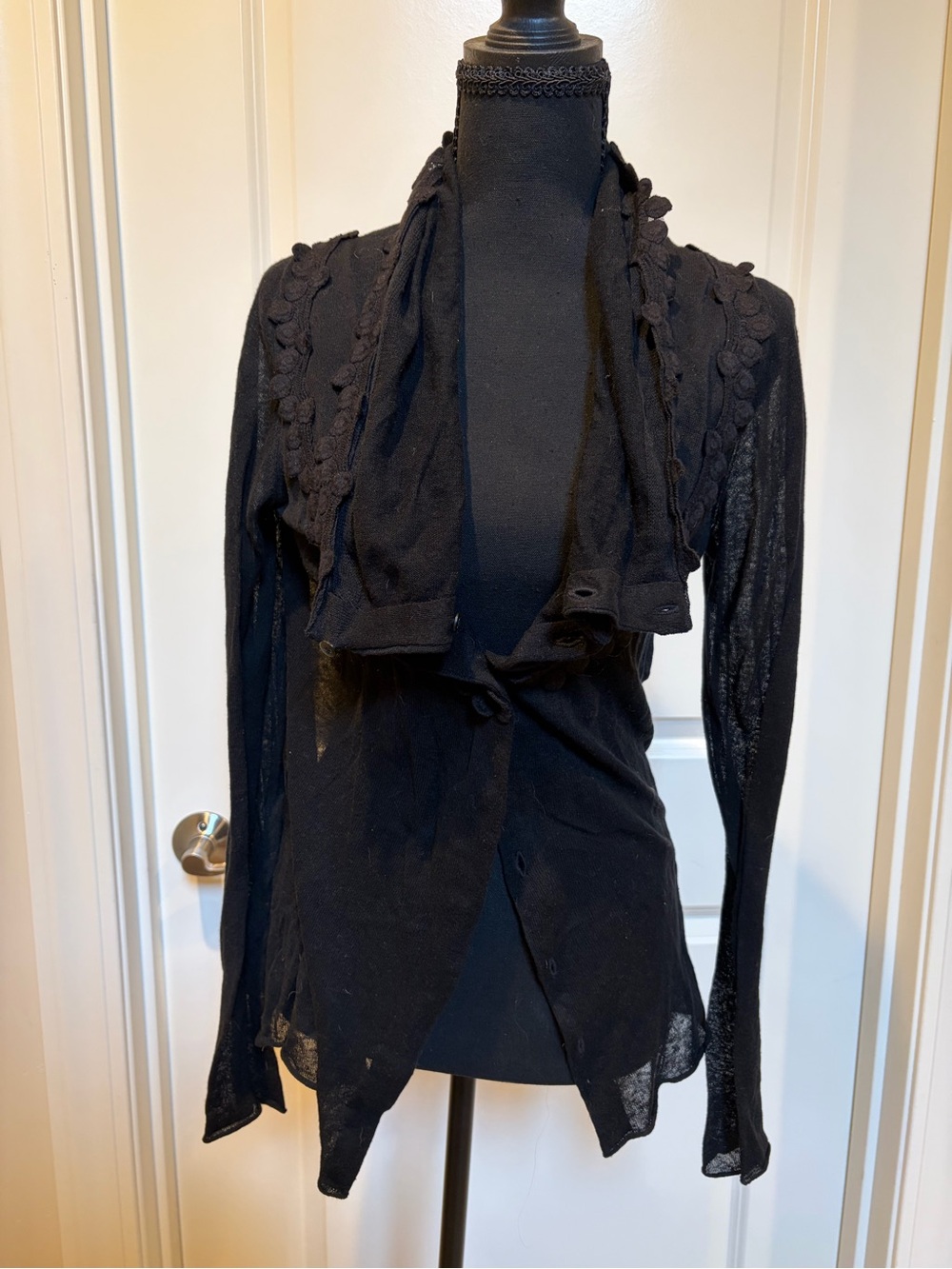 Knitted & Knotted from Anthropologie Black Cardigan with Decorative Trim